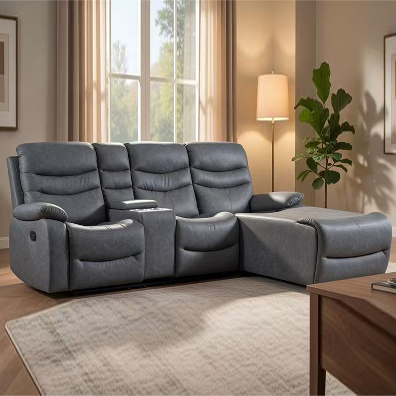 Blau gepolstertes, manuell verstellbares Sofa mit Chaiselongue und Stauraum