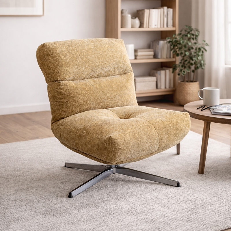 Moderner drehbarer Wohnzimmerstuhl aus Stoff, luxuriöser Einzel-Lounge-Sofastuhl mit Metallrahmen, Wohnzimmermöbel